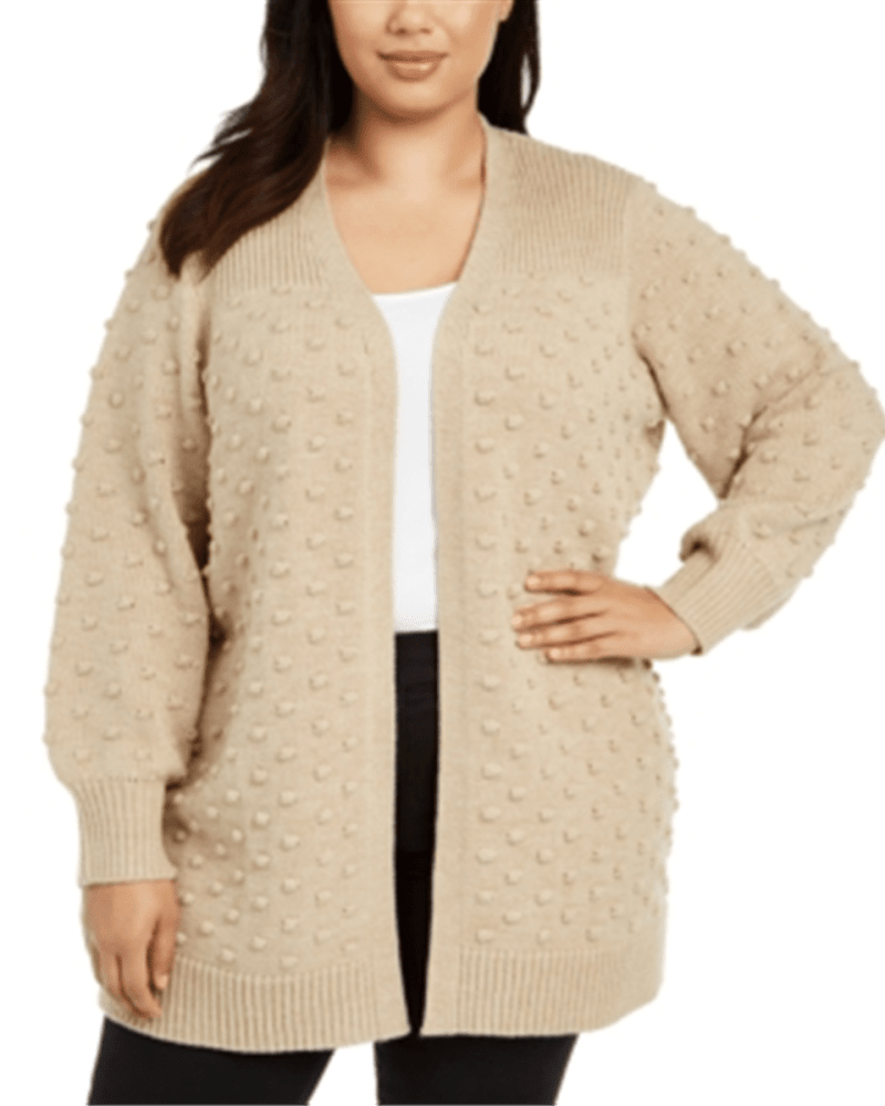 Front of a model wearing a size 1X Calvin Klein Women's Plus Popcorn Long Cardigan Sweater Brown Size 1X in Brown by Calvin Klein. | dia_product_style_image_id:314636